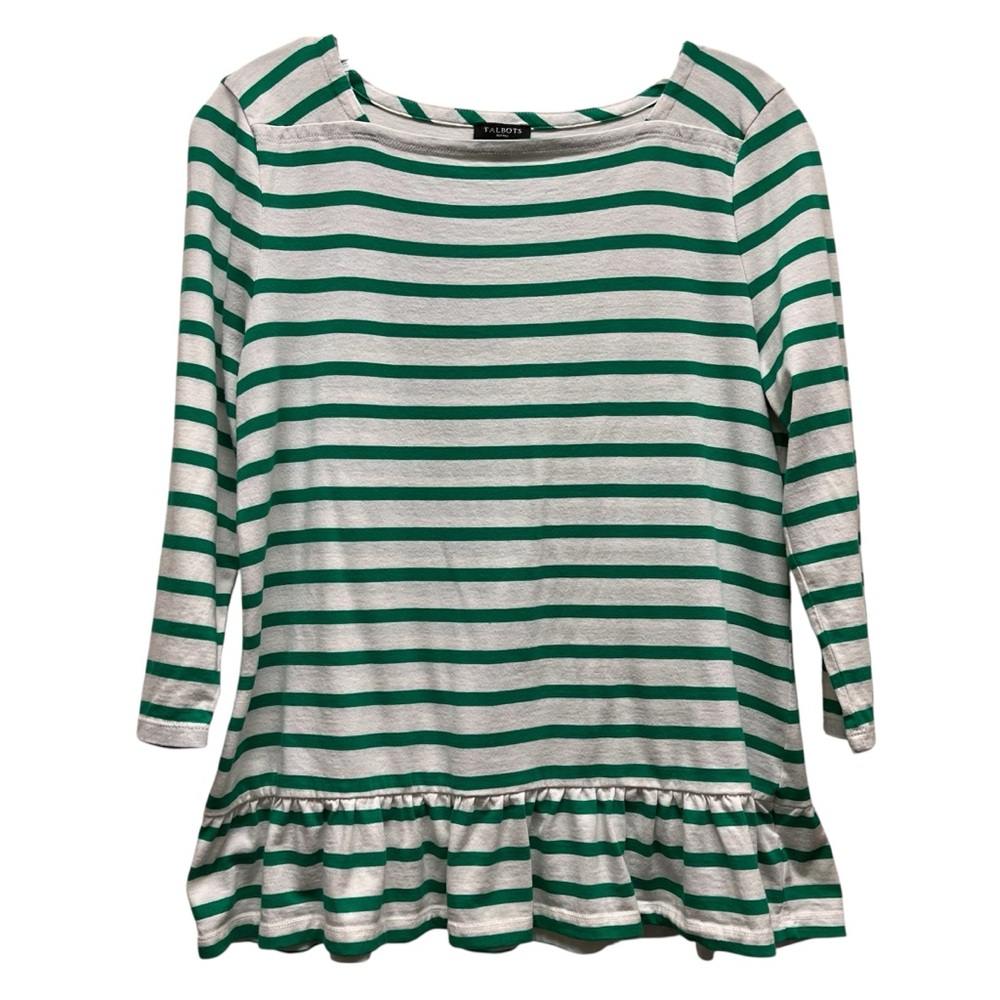 Talbots Peplum Petite Striped 3/4 Sleeve Shirt Sz PM Kelly Green White